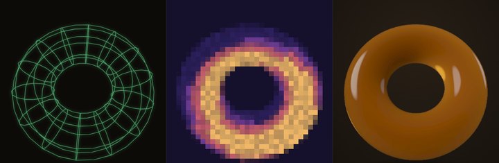 A torus drawn three ways: as vector lines, as coarse pixels, and shaded