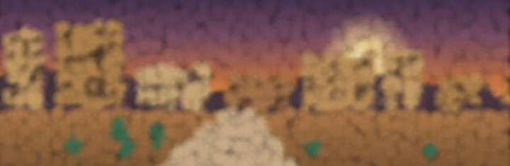 A desert town at sunset, rebuilt from thousands of soft blobs
