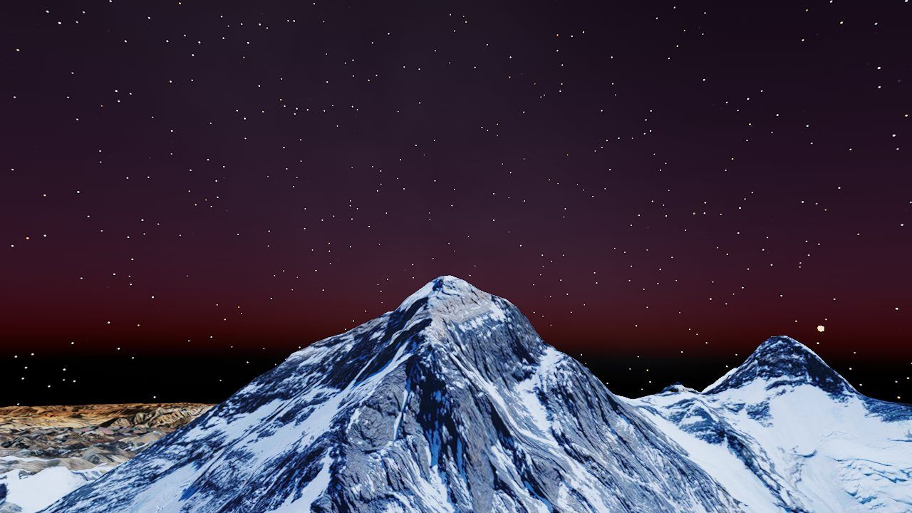 Mount Everest at dusk under a starry purple sky.