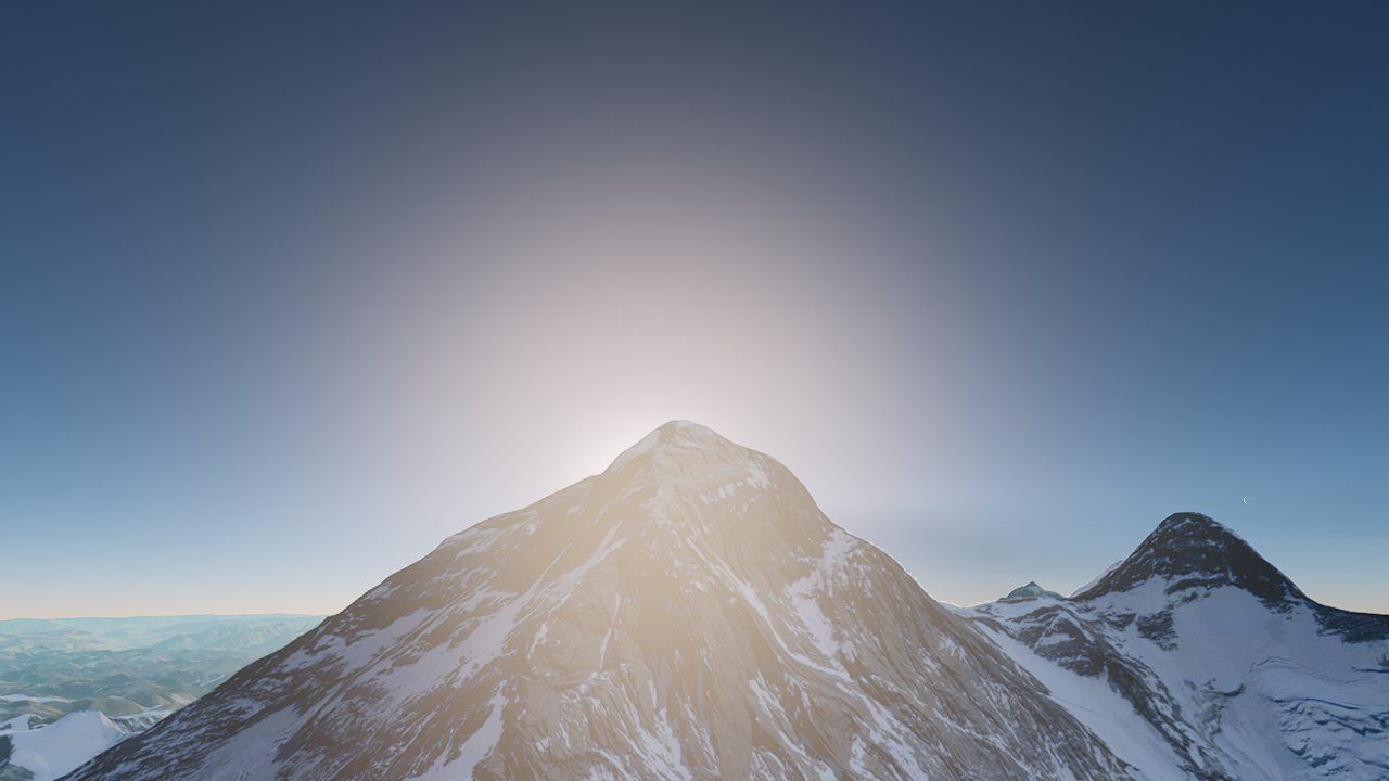 Mount Everest at sunrise with a low sun and long shadows