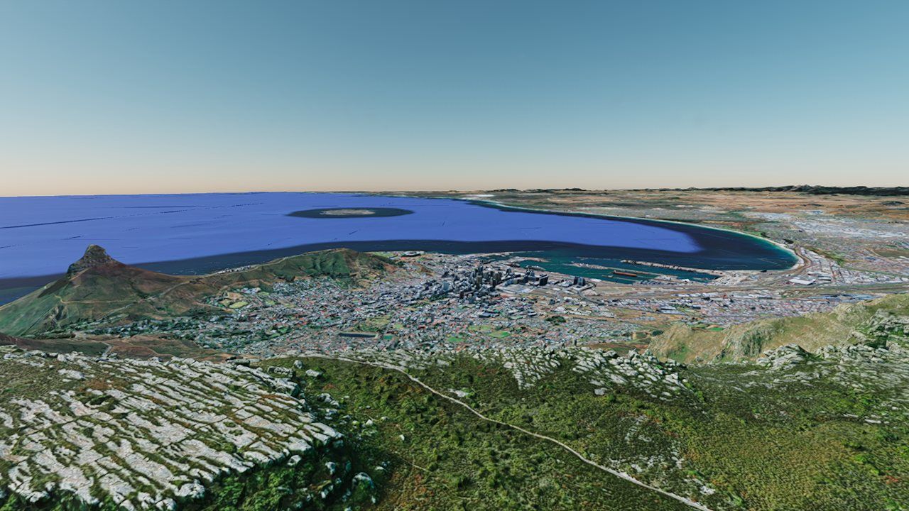 Cape Town with aerial perspective disabled: flat, over-saturated distance