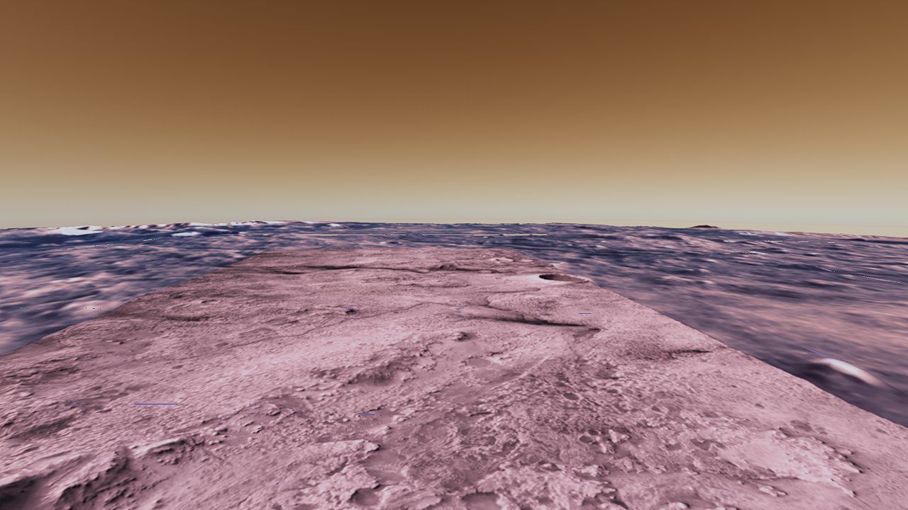 Jezero crater on Mars under a butterscotch sky.