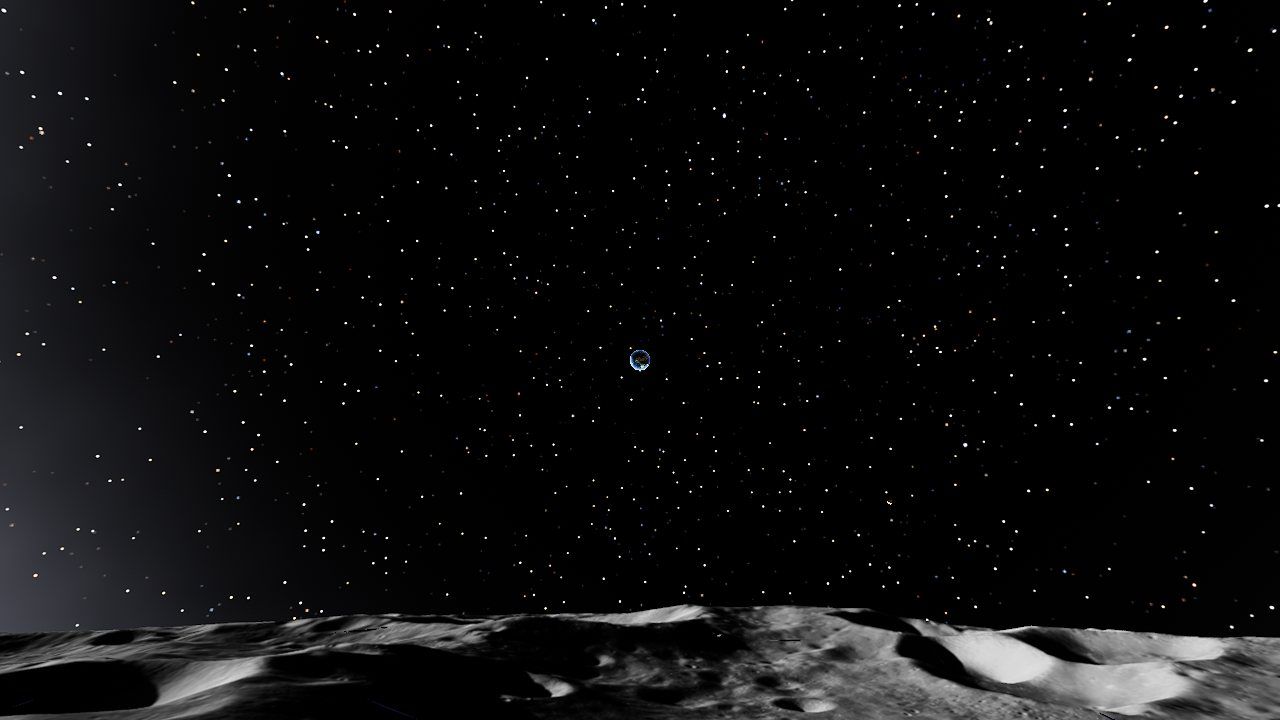 The lunar surface with Earth hanging over the horizon.